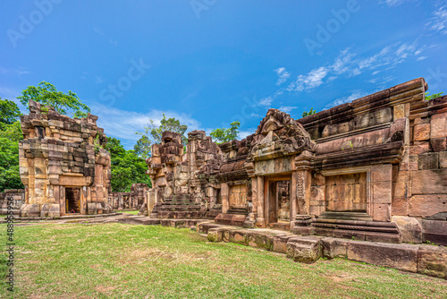 Front corridor  Principal and small Tower of Prasat Ta Muean Thom. It is an Ancient Khmer temple in Surin province  Thailand  Southeast Asia.