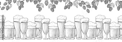 Beer glasses and hop sketch. Pub or bar menu design template. Horizontal seamless background. Hand drawn vector illustration.