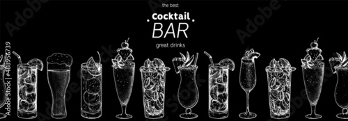 Alcoholic cocktails hand drawn vector illustration. Cocktails set. Bar menu design elements. Hand drawn sketch collection.