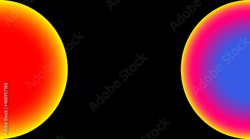 Sunset and rainbow projector lamps light on black background. Neon gradient circle overlay. Dark banner with copy space