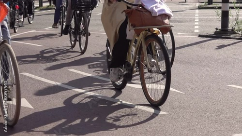Amsterdam Bicycle Traffic Close-up. Slow Motion