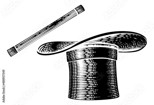 Magic Wand And Magician Top Hat Woodcut Drawing