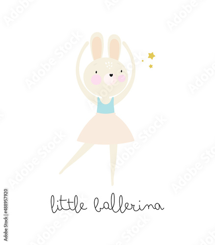 Kids illustration with Cute Bunny Ballerina. Vector illustration. For kids stuff, card, posters, banners, children books, printing on the pack, printing on clothes, wallpaper, textile or dishes.