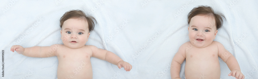 Collage with two photos of cute little baby boy four month old lying on a blue soft blanket Collage with two photos of cute little baby boy four month old lying on a blue soft blanket