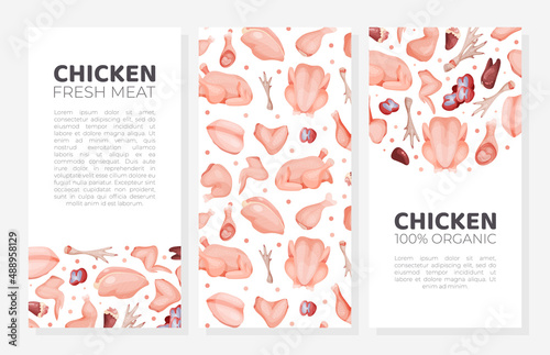 Fresh chicken meat mobile card templates set. Organic meat assortment of butchery shop, farm market banner, flyer, brochure design vector illustration