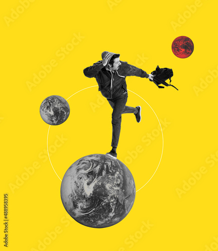 Young man, student with backpack running away from one planet to another. Contemporary art collage. International immigration