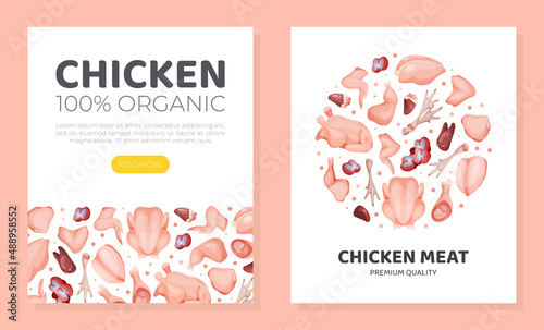 Premium quality chicken meat landing page template. Organic fresh meat assortment of butchery shop, online store website, mobile app design vector illustration