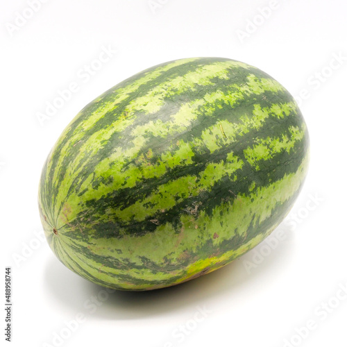 A whole fresh watermelon on white background.