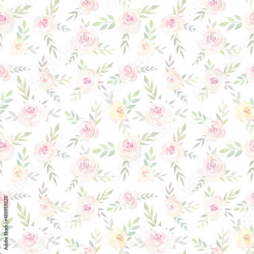 Delicate natural floral watercolor seamless pattern with roses. Botanical illustration