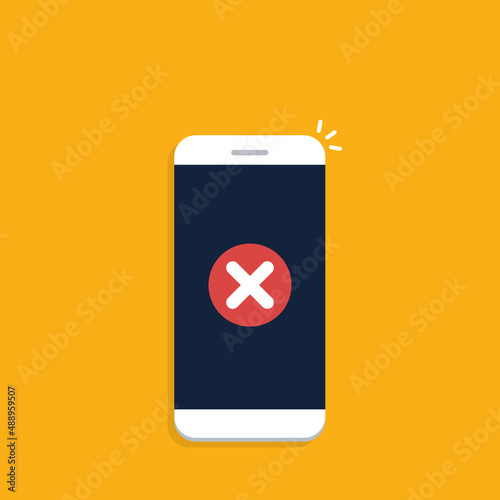 Smartphone with error alert vector illustration, mobile phone with warning icon, alarm or attention message notification, caution or broken cellphone, prohibited or access denied. Vector illustration