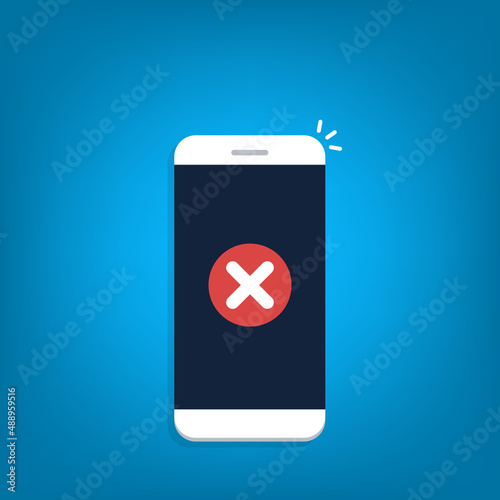 Smartphone with error alert vector illustration, mobile phone with warning icon, alarm or attention message notification, caution or broken cellphone, prohibited or access denied. Vector illustration