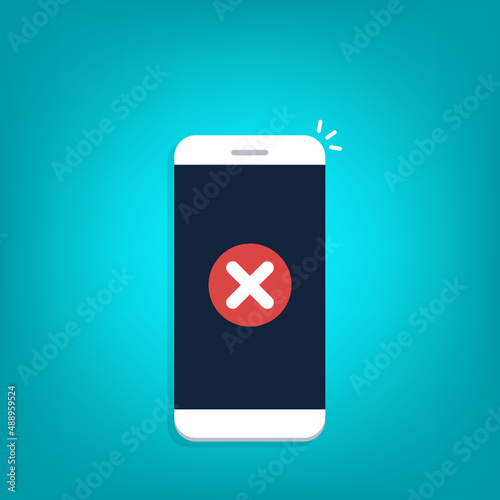 Smartphone with error alert vector illustration, mobile phone with warning icon, alarm or attention message notification, caution or broken cellphone, prohibited or access denied. Vector illustration