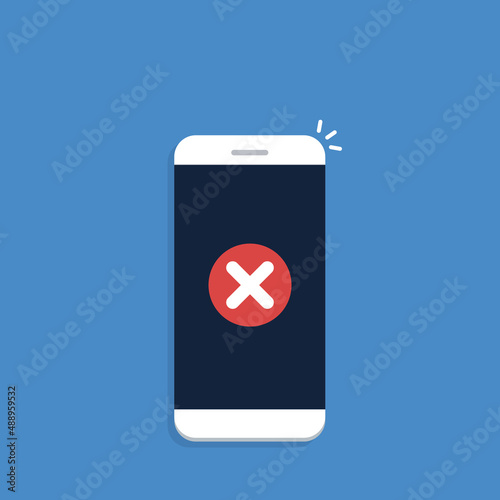 Smartphone with error alert vector illustration, mobile phone with warning icon, alarm or attention message notification, caution or broken cellphone, prohibited or access denied. Vector illustration