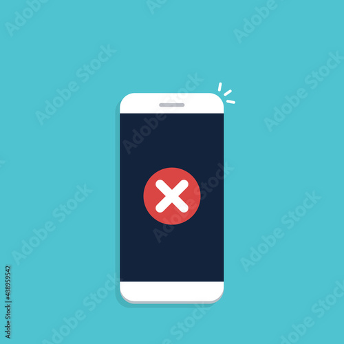 Smartphone with error alert vector illustration, mobile phone with warning icon, alarm or attention message notification, caution or broken cellphone, prohibited or access denied. Vector illustration