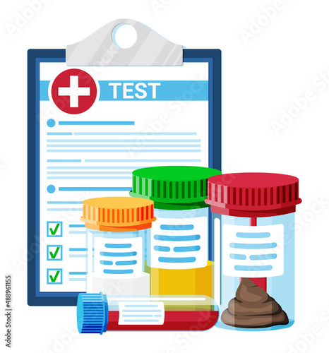 Test Tubes with Caps. Stool, Blood, Urine and Sperm. Medical Equipment. Specimen Cups for Gynecological Analysis Clipboard. Containers with Biomaterial Analysis in Laboratory. Flat Vector Illustration