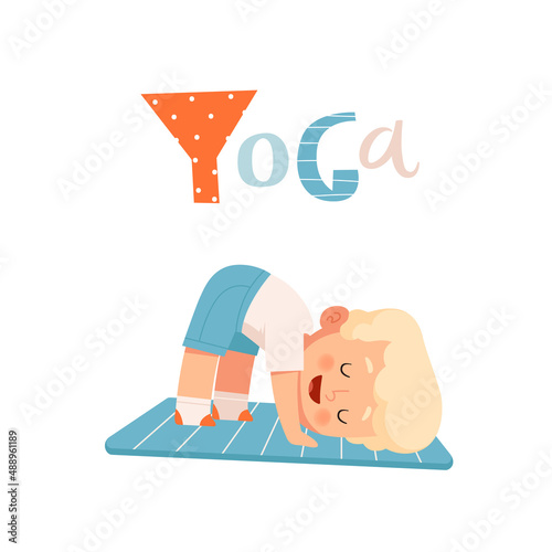 Little happy girl is doing yoga on a sports mat. The child holds a yoga pose. The concept of alternative activity for children and teenagers is a good way to promote health