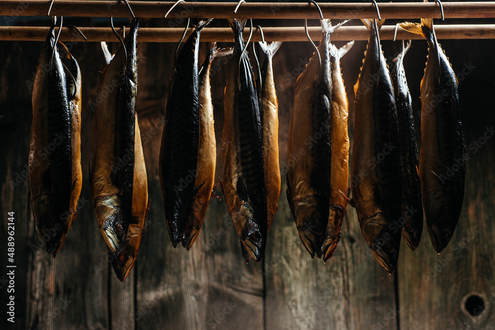Fish Smoking Process For Home Use. fish hanging side by side in a