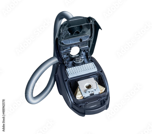 Open vacuum cleaner on white background