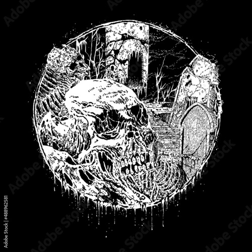 Canvas Print circle death metal illustration. skull horror art