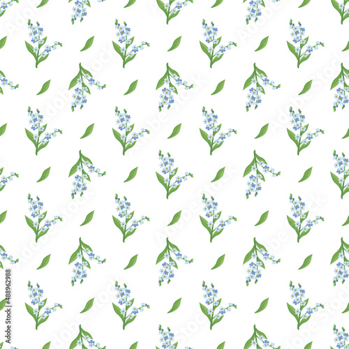 Seamless pattern with small blue forget me not flowers and leaves. Field flowering plants. Romantic decoration print for wedding and design. Vector flat illustration