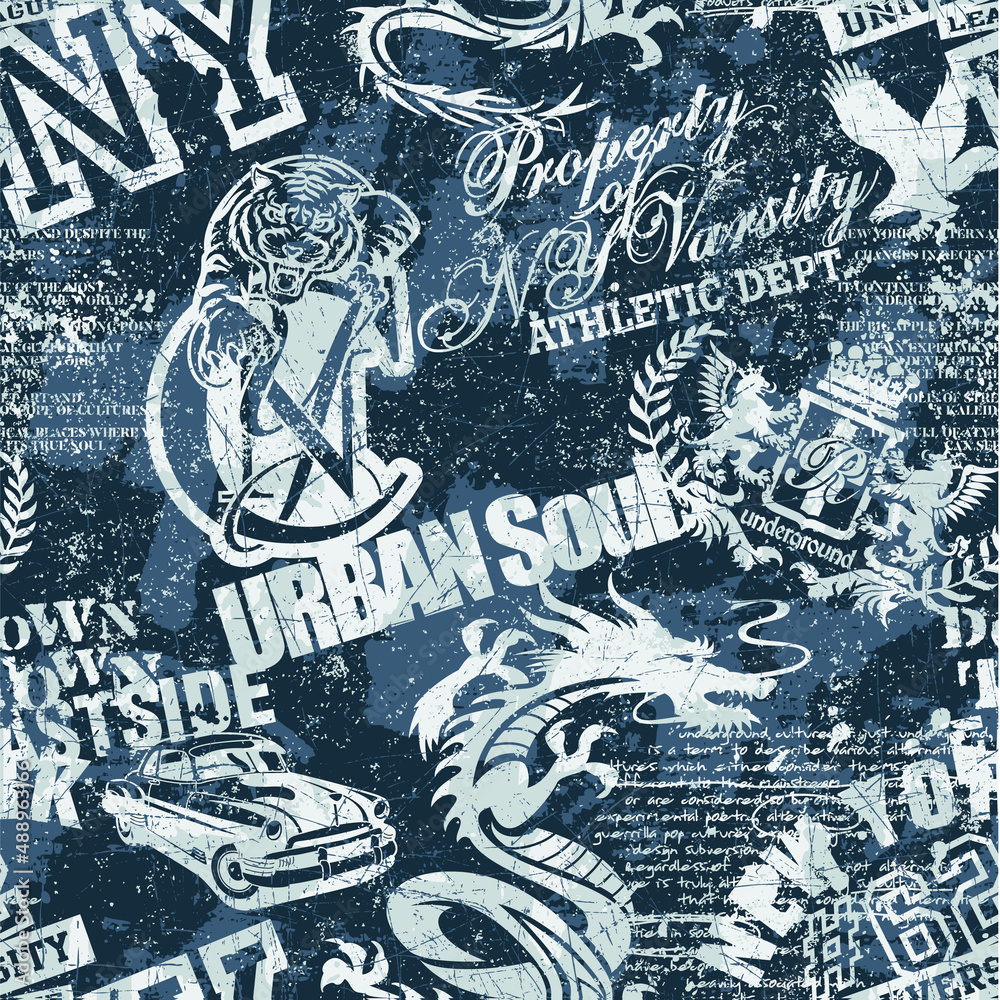 New York sign graffiti and symbol patchwork abstract vector seamless pattern grunge effect in separate layers