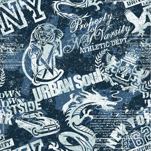 New York sign graffiti and symbol patchwork abstract vector seamless pattern grunge effect in separate layers