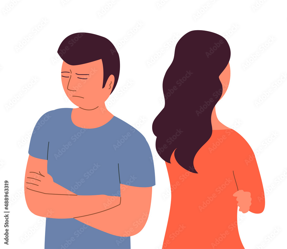Fototapeta premium The young man and woman quarrel. Family couple. Sad face. Hurt feelings and anger. Flat vector illustration isolated on white background
