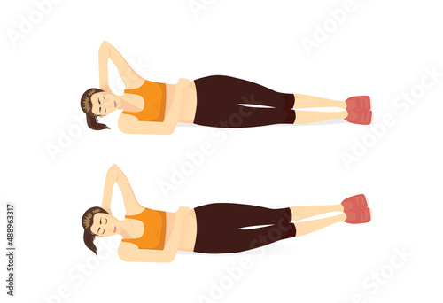 Sport women doing exercise with double side jackknifes. Workout diagram for a target on the side abdominal and lower body.