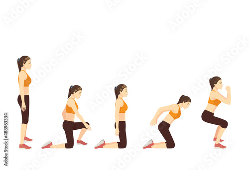 Women doing exercise with Knee to squat. Workout diagram for a target on Upper Legs, Quads, Hamstrings.