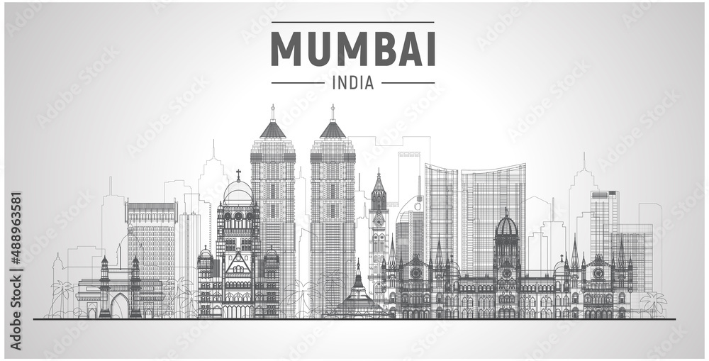 Mumbai line skyline on a white background. Flat vector illustration. Business travel and tourism concept with modern buildings. Image for banner or website.