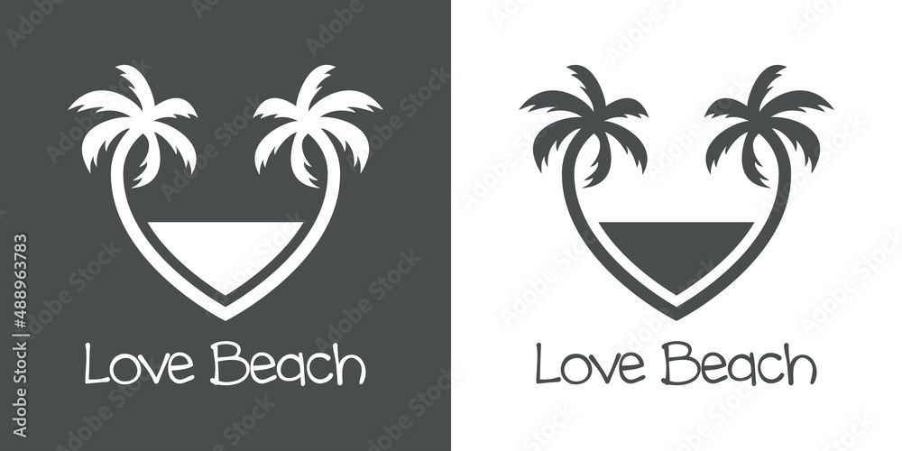 Naklejka premium Beach holidays. Destino de vacaciones. Banner con texto Love Beach con silueta de 2 palmeras con forma de corazón en fondo gris y fondo blanco