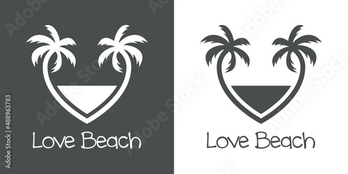 Beach holidays. Destino de vacaciones. Banner con texto Love Beach con silueta de 2 palmeras con forma de corazón en fondo gris y fondo blanco
