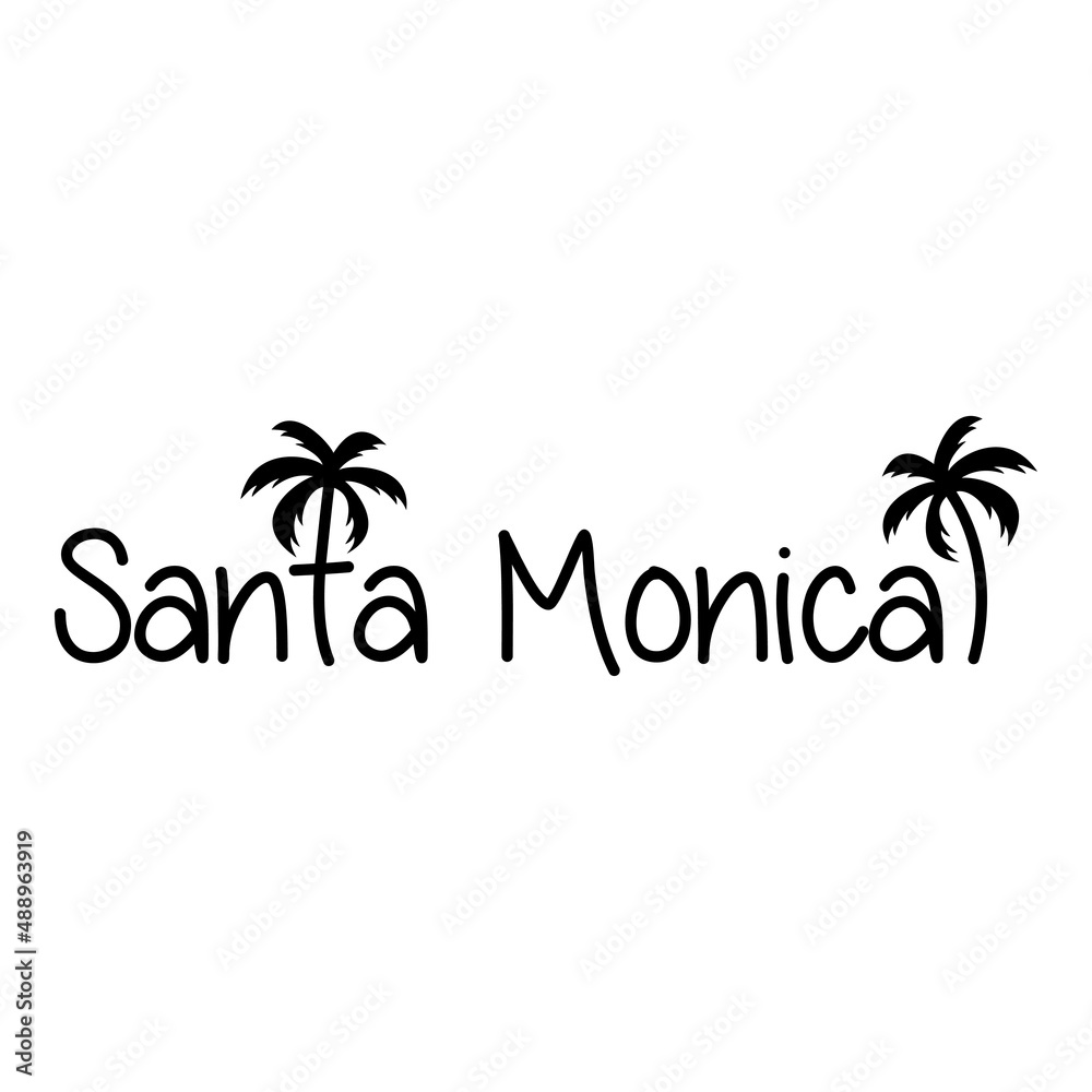 Santa Monica Beach. Destino de vacaciones. Banner con texto Santa Monica con letra con forma de silueta de palmera en color negro