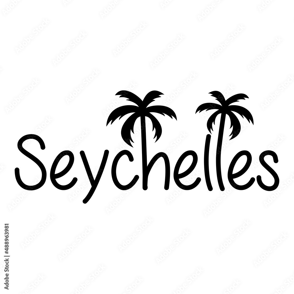 Seychelles Beach. Destino de vacaciones. Banner con texto Seychelles con letra con forma de silueta de palmera en color negro