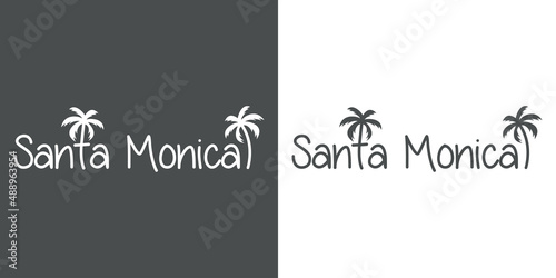 Santa Monica Beach. Destino de vacaciones. Banner con texto Santa Monica con letra con forma de silueta de palmera en fondo gris y fondo blanco