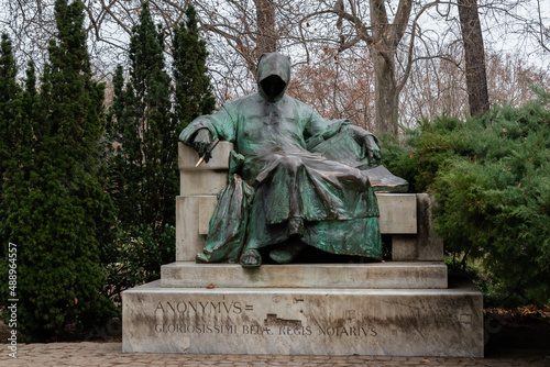 Statue of Anonymous in park near Vajdahunyad castle in Budapest, Hungary