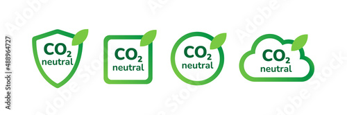 CO2 neutral label icon set. Zero carbon footprint, carbon dioxide emission reduction, CO2 neutrality concept. Set of green ecology environment logos for your design. Flat style eco nature certificates