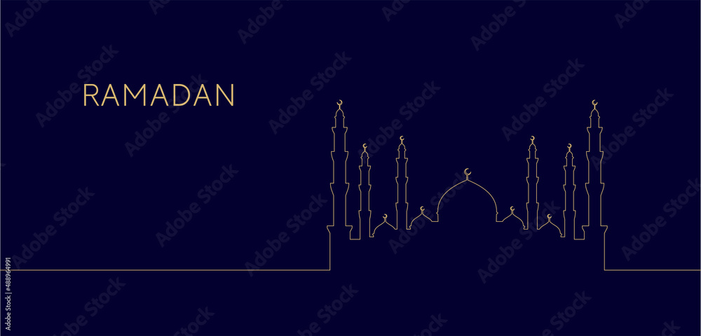 The Muslim feast of the holy month of Ramadan Kareem. Vector greetings design illustration with mosque dome silhouette for your invitation card, banner, flyer, poster design, template.