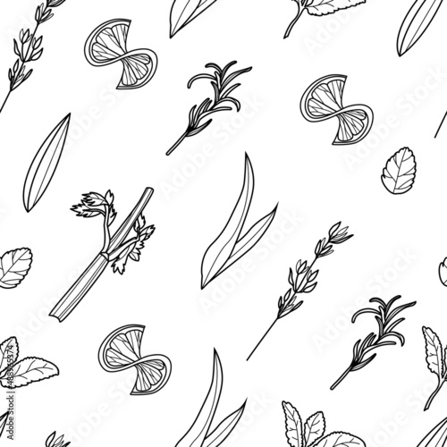 Cocktail garnish seamless pattern. Vector line art illustration. Lemon and herbs