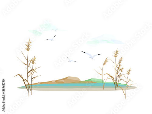 Reed cane thickets on the shore of the lake with birds gulls in the sky with clouds against the backdrop of the mountains. Vector illustration. 