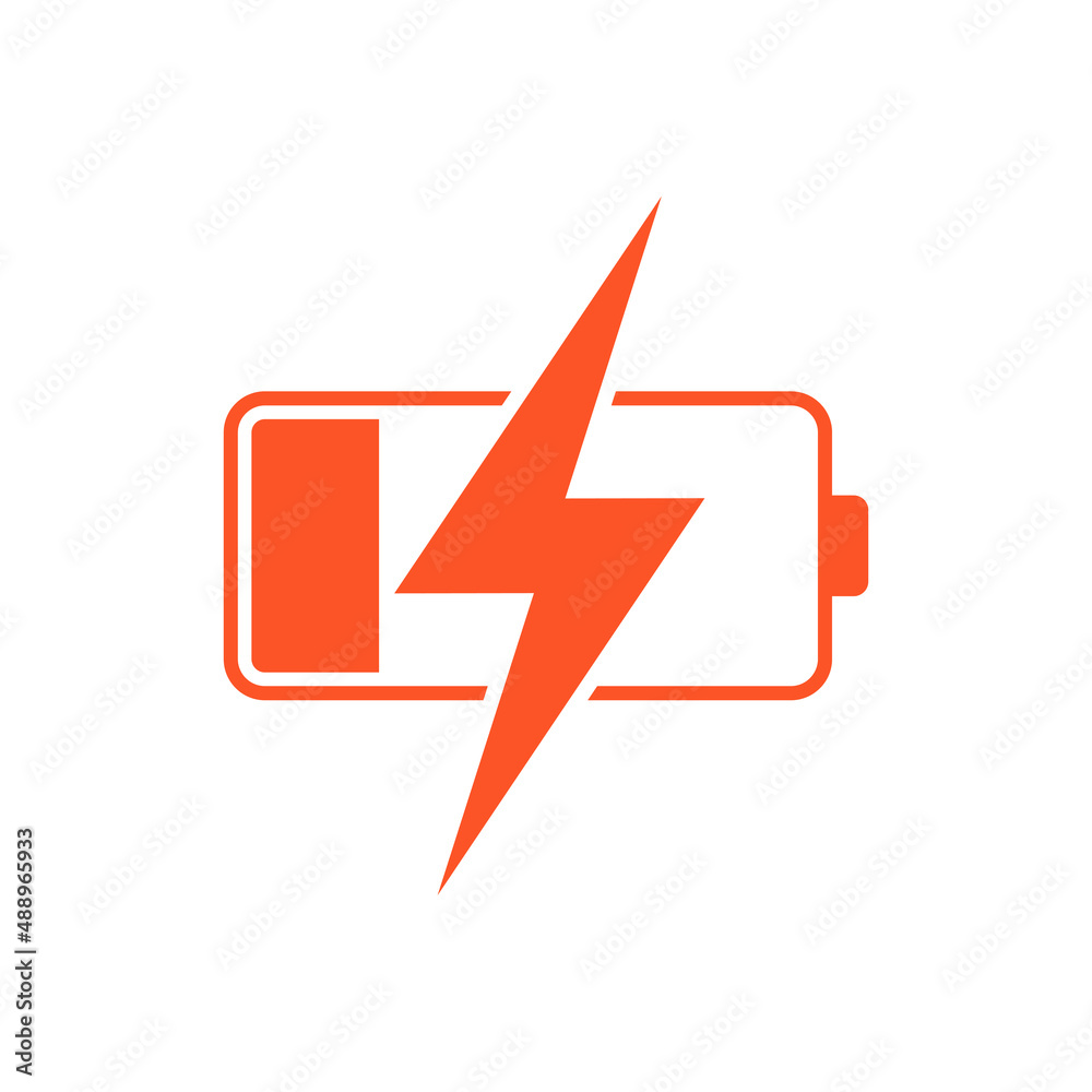 Red charging battery icon isolated flat design vector illustration. Red charging battery icon isolated flat design vector illustration.