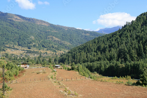 mountains and fields around jakar (bhutan) 
