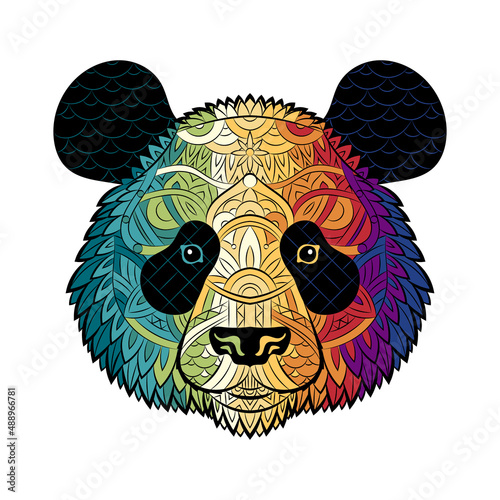 Panda bear head. Portrait of giant panda isolated on white background. Painted ethnic ornament. Chinese design. May be used for the design of t-shirts, bags, postcards, posters, banners. Logo. Vector