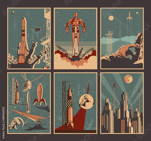 Vintage Space Posters Style Illustration Set, Space Rockets, Spaceships and Satellites, Astronauts and Cosmonauts, Modern Buildings and Extraterrestrial Landscape