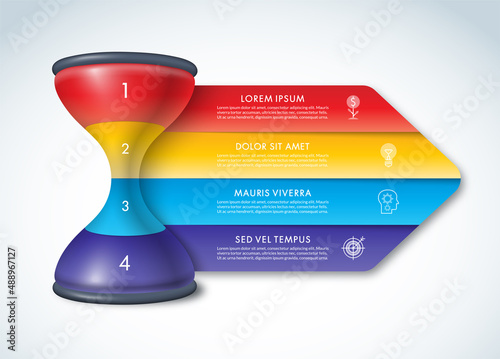 Hourglass sandglass infographic template with 4 steps, options, parts. Time management concept. Can be used for diagram, graph, presentation, chart.