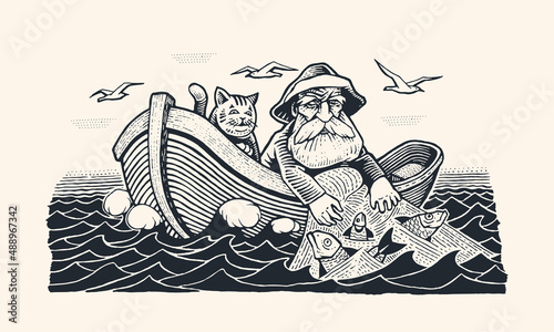 An old fisherman and his cat in a boat are fishing with a net in the sea. Gravure style. Vector illustration photo