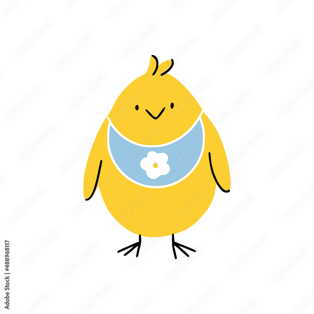 Cute newborn easter chicken in bib with flower pattern. Good for greeting cards, banners, invitations, flyers.