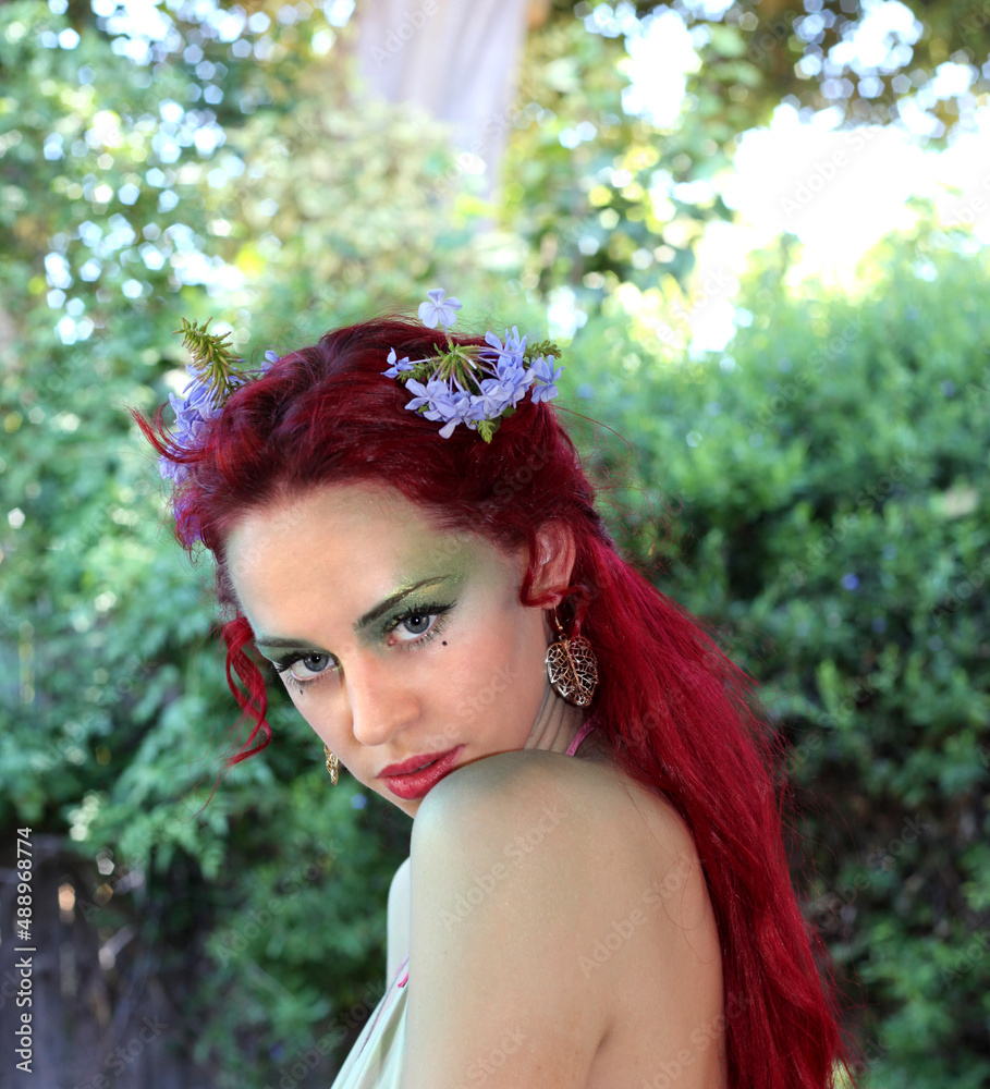 fantasy portrait of fairy girl with flowers in red hair and a pretty ...