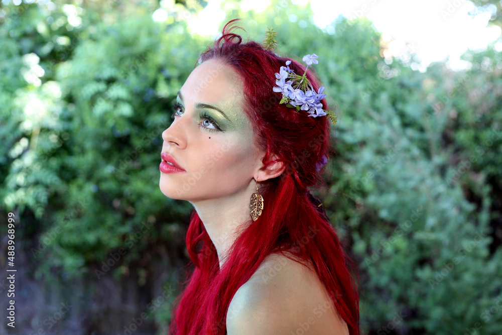fantasy portrait of fairy girl with flowers in red hair and a pretty ...