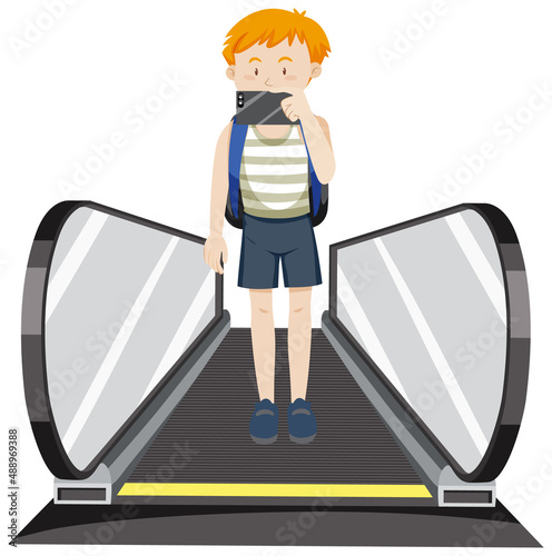 Front view of two travellers on moving walkway